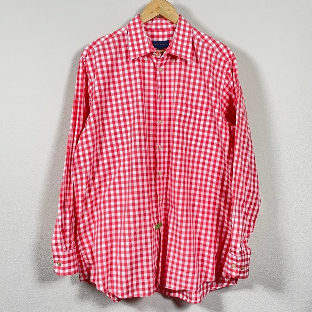 Scott Barber Button Down Shirt Mens XL Red White Gingham Check Cotton Excellent